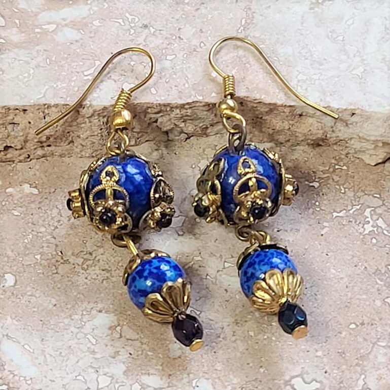 Blue Lapis Gemstone Vintage Bead Earrings
