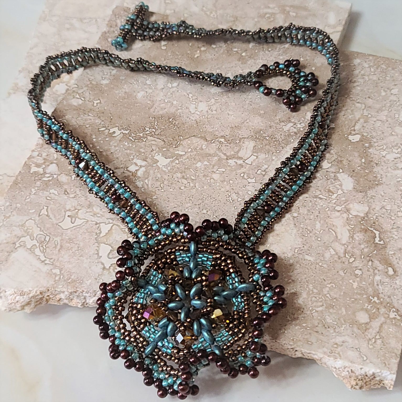 Artisan Necklace, Beaded Flower, Super Duo Necklace