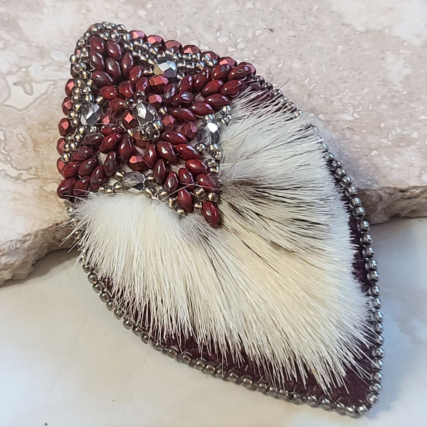 Bead embroidery, mink fur and red suede brooch