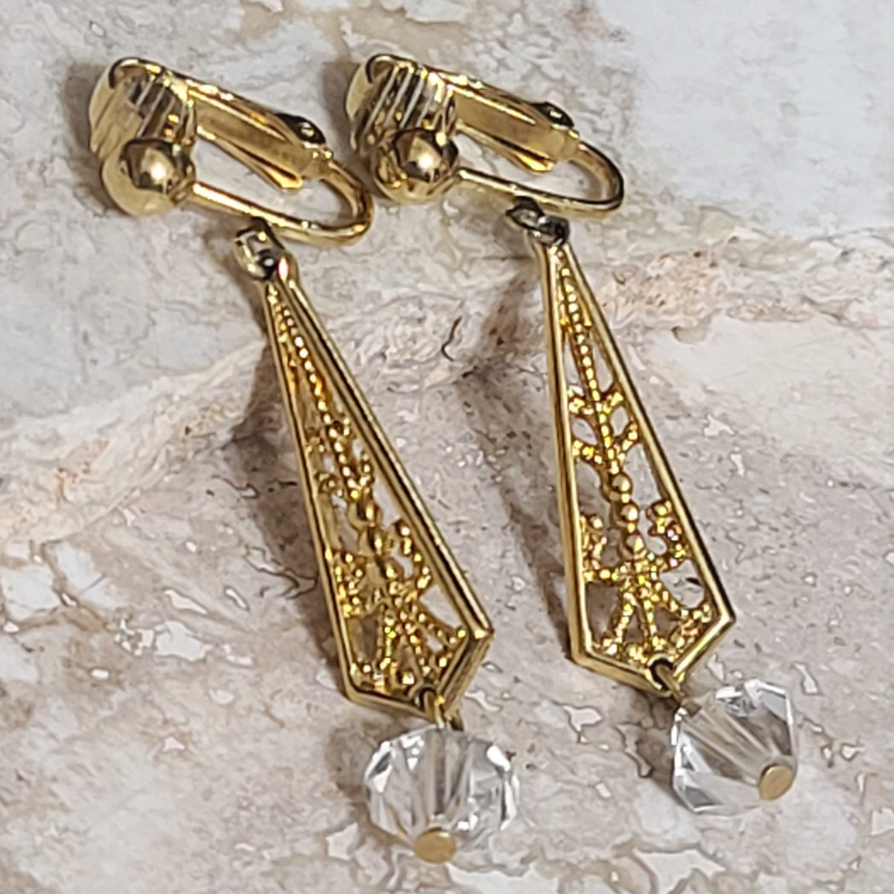 Art Deco Look Chandelier Goldtone & Crystal Earrings Clip Ons