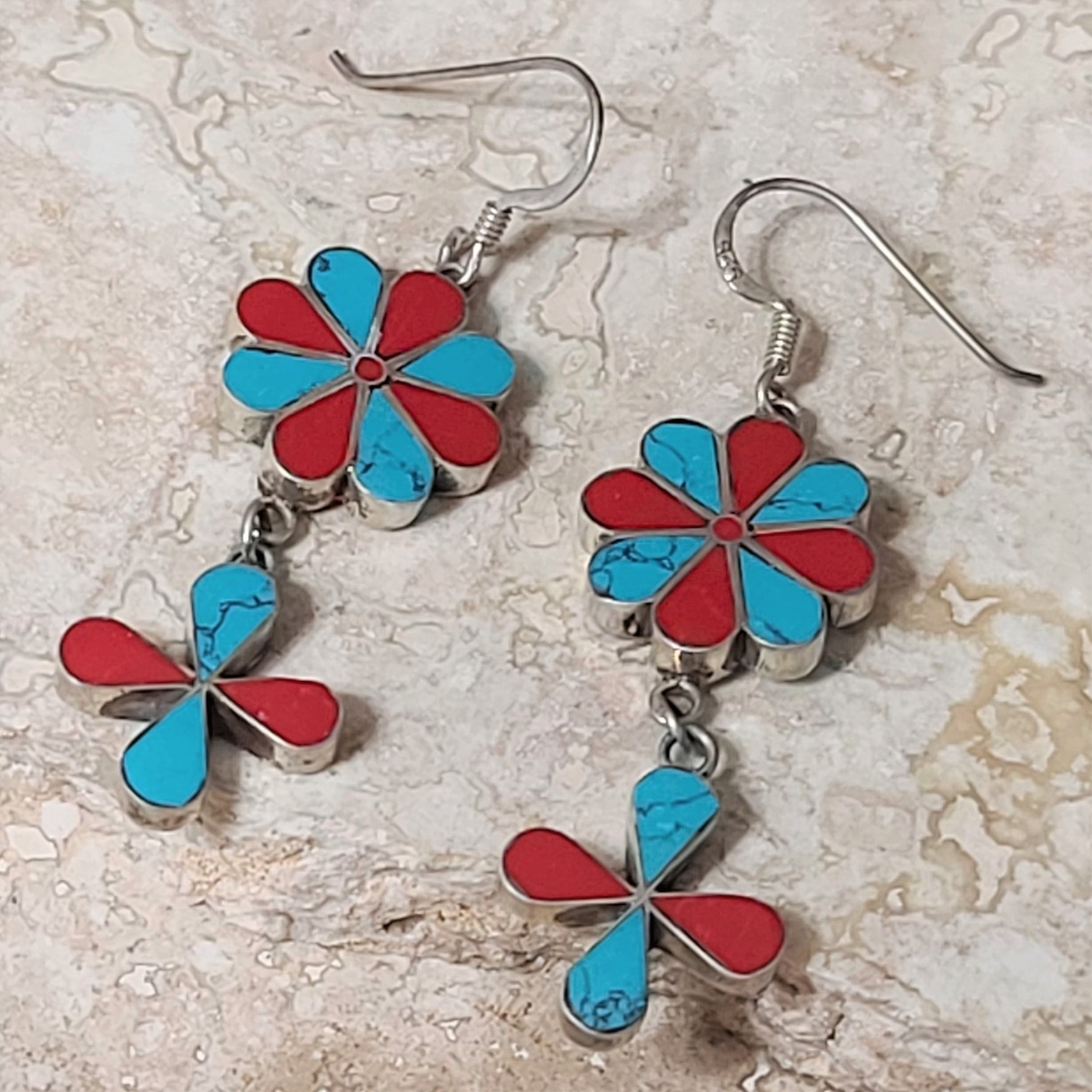 Coral & Turquoise 925 Sterling Silver Vintage Earrings