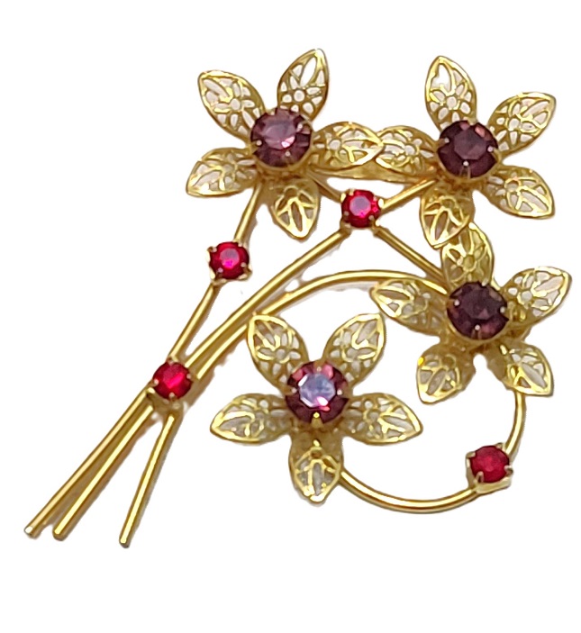 Vintage flower pin, purple and red rhinestones, filigree goldtone bouquet flowers - Click Image to Close
