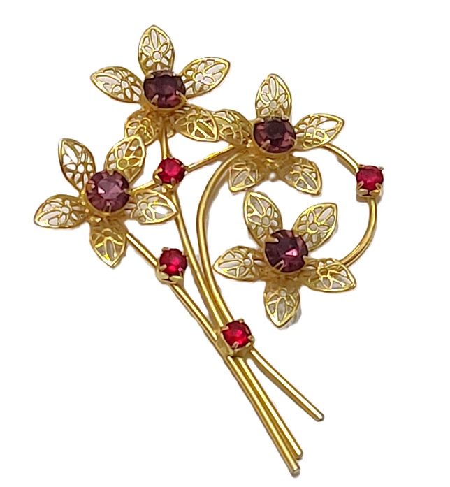 Vintage flower pin, purple and red rhinestones, filigree goldtone bouquet flowers