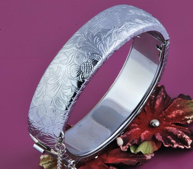 Engraved Floral Bangle Bracelet with Safety Chain