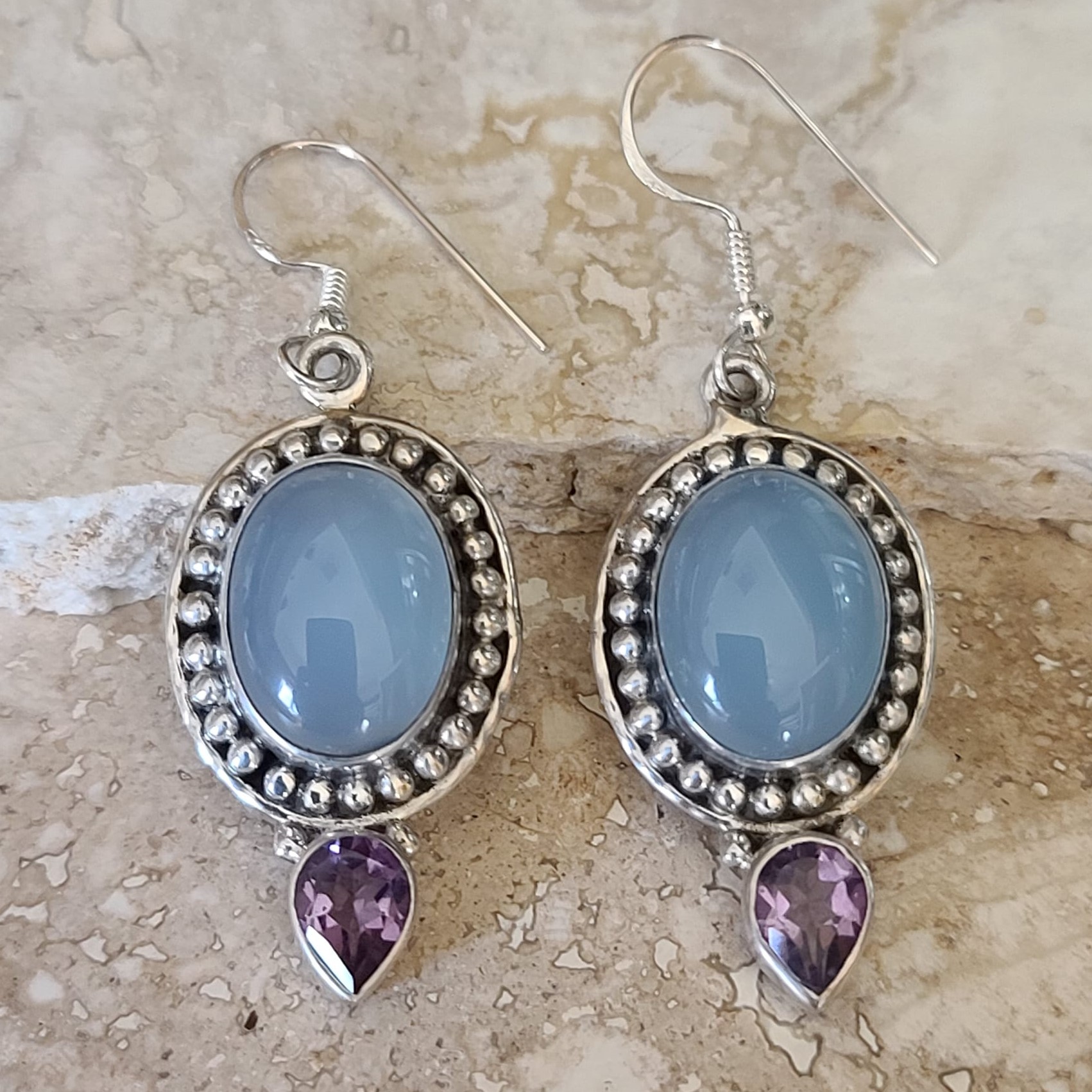 Chalcedony & Amethyst Dangle Earrings 925 Sterling Silver - Click Image to Close