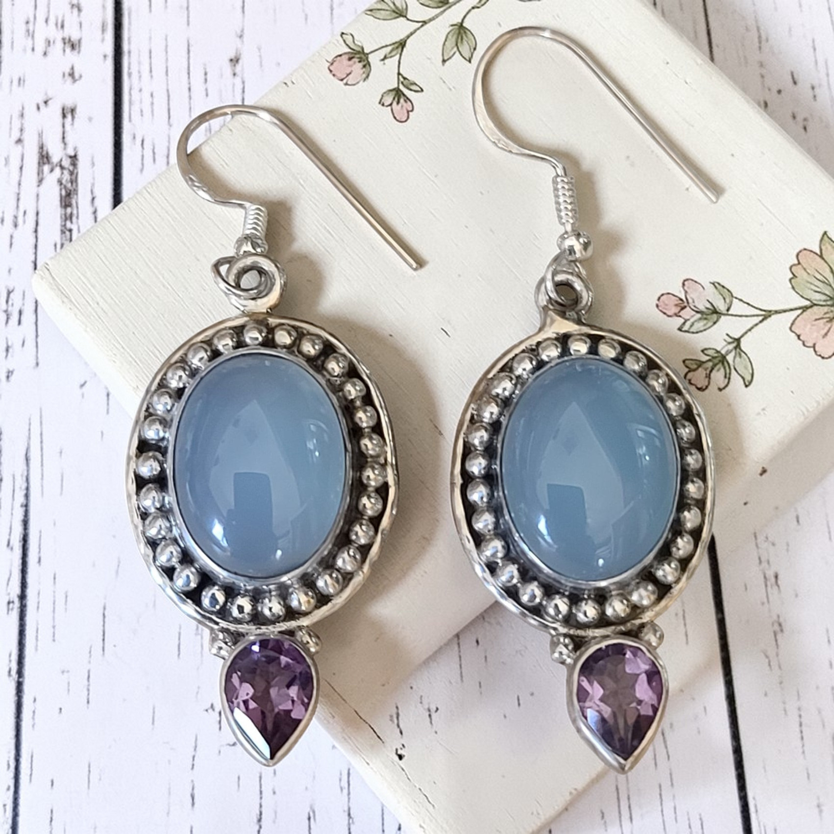 Gemstone Earrings Chalcedony and Amethyst 925 Sterling Silver