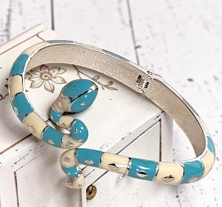 Enamel Turquoise and White Snake Clamp Bracelet