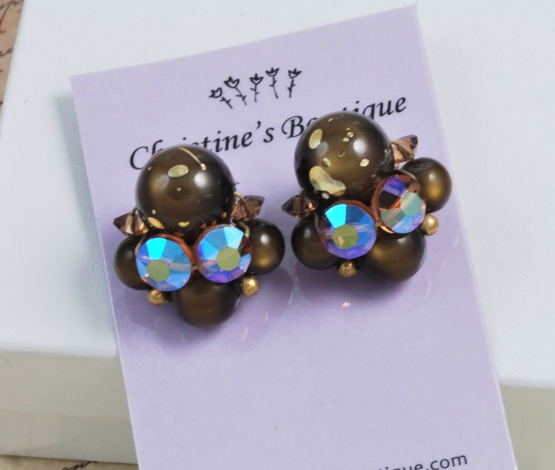 Aurora Borealis and Brown Speckled Bead Clip Earrings