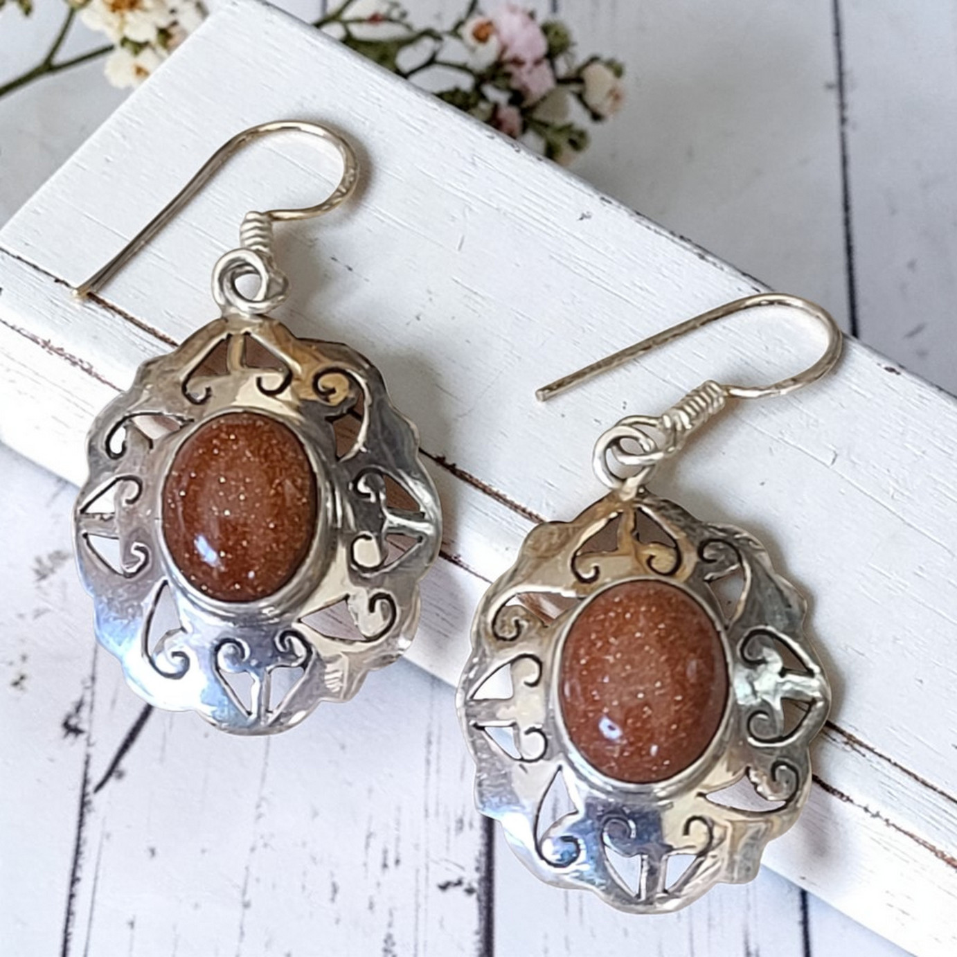Goldstone Gemstone Earrings 925 Sterling Silver