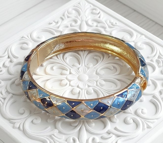 Blue Enamel Bracelet with Plaid Pattern