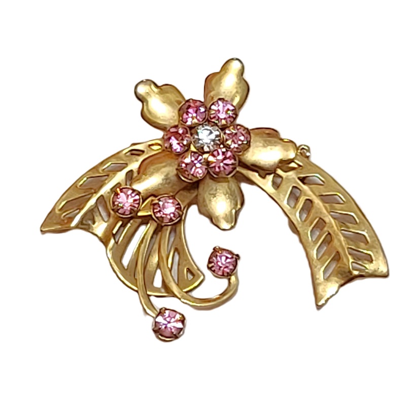 Pink Rhinestone Goldtone Scrolled Design Pin - Click Image to Close