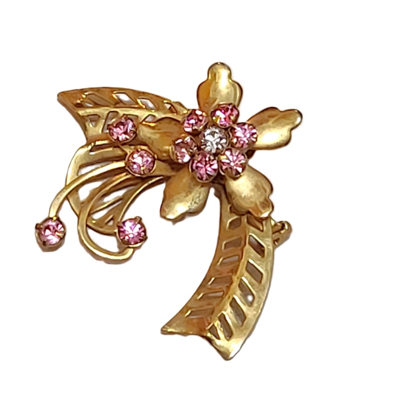 Pink Rhinestone Goldtone Scrolled Design Pin