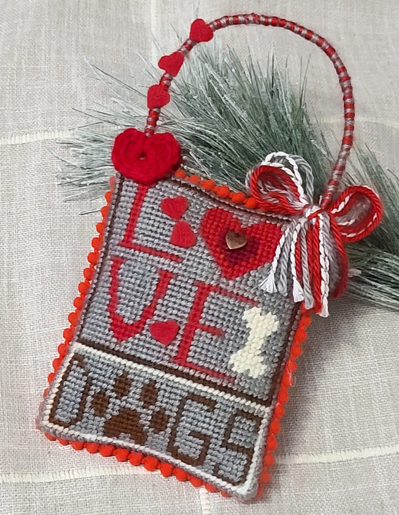 Needlepoint I love Dogs pillow hanger ornament - Click Image to Close