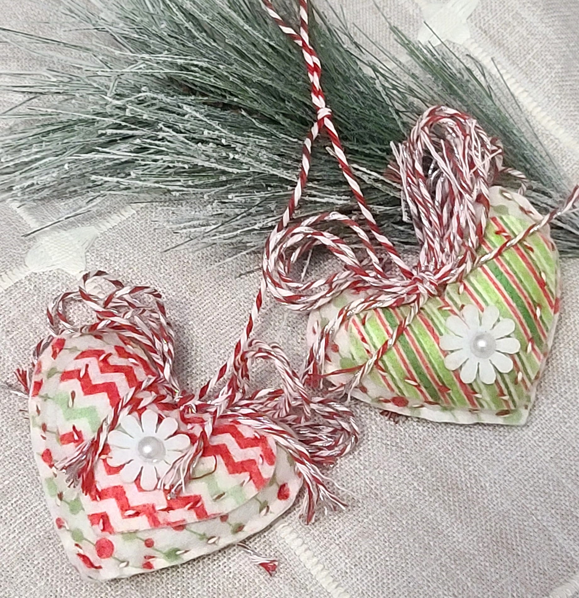 Double heart ornaments whimsical green and red colors - Click Image to Close