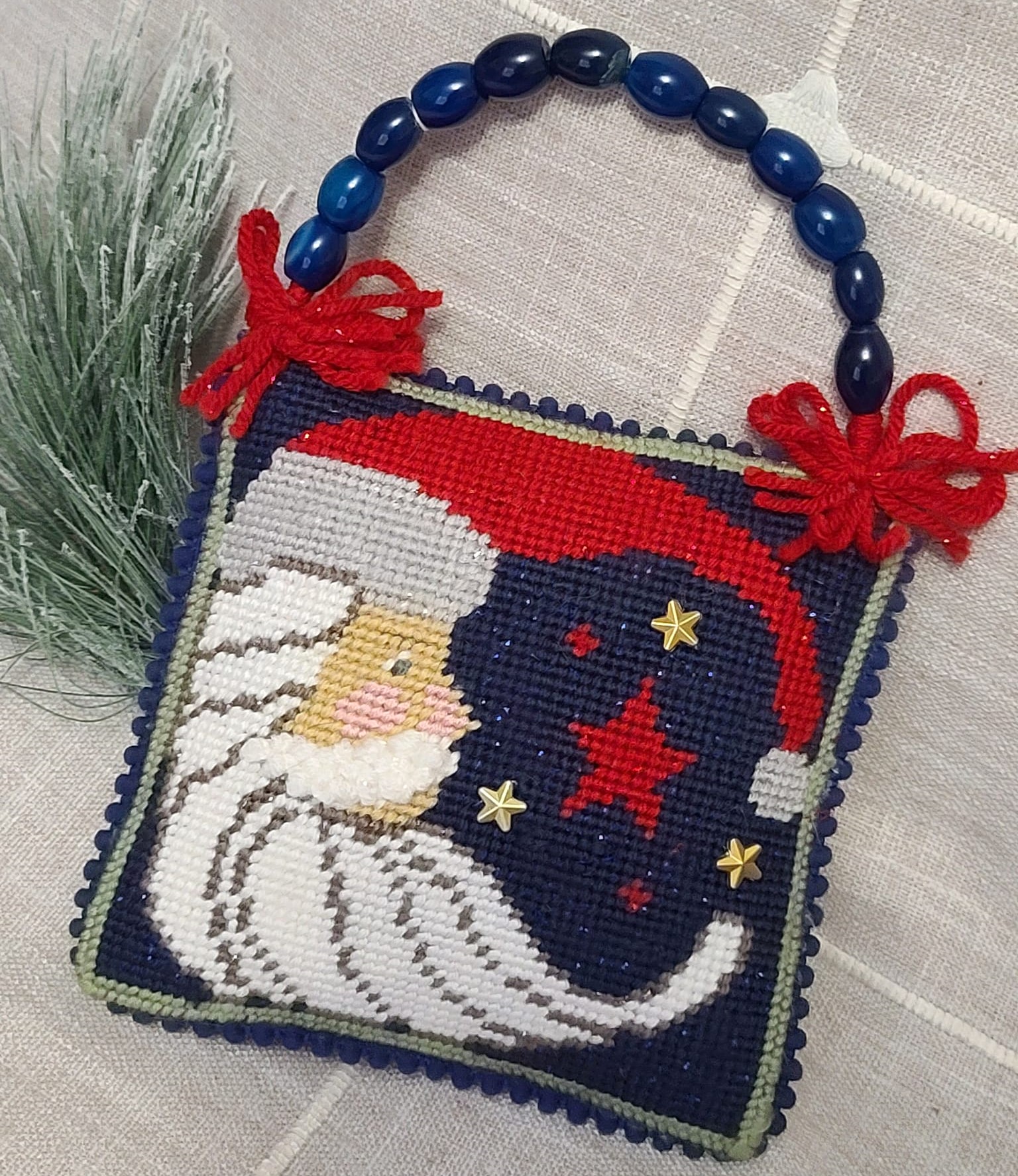 Needlepoint celestrial santa red white and blue, beaded hanger - Click Image to Close
