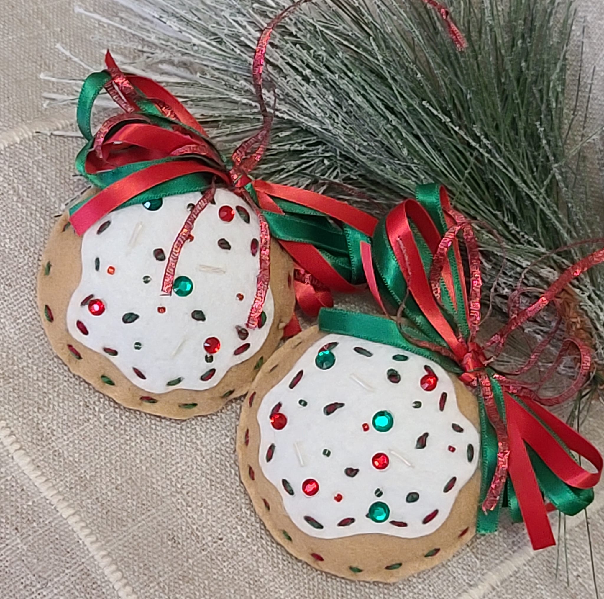 Gingerbread felt and white icing cookie ornament red green bows