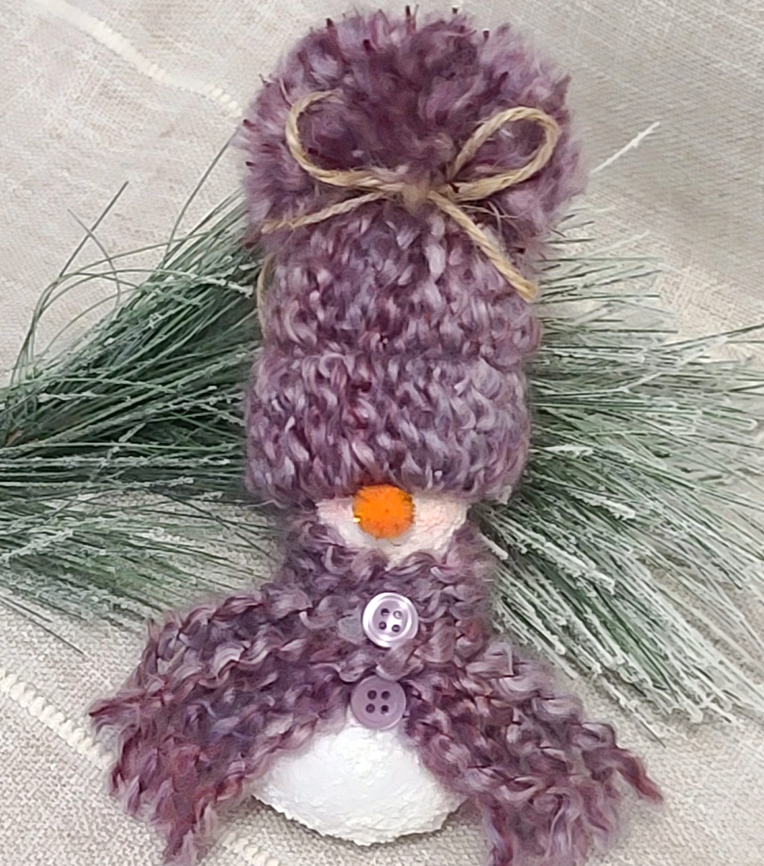 Handpainted gourd snowman ornament with knit hat - dark purple