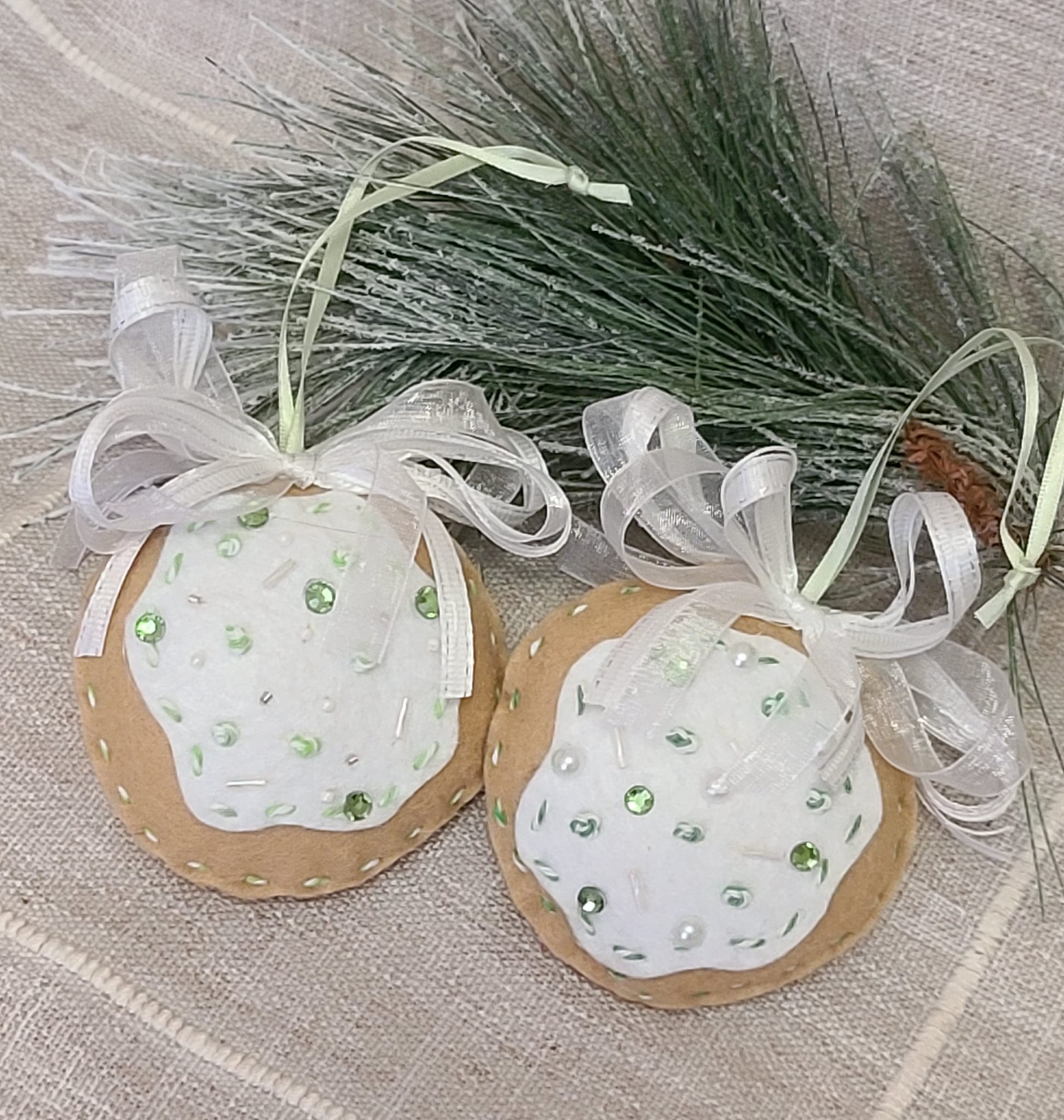 Gingerbread felt and white icing cookie ornament green sprinkles - Click Image to Close