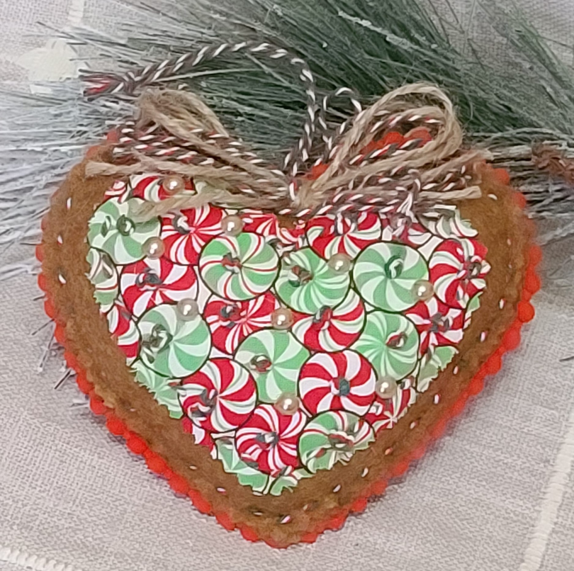 Gingerbread and candy pattern fabric heart ornament