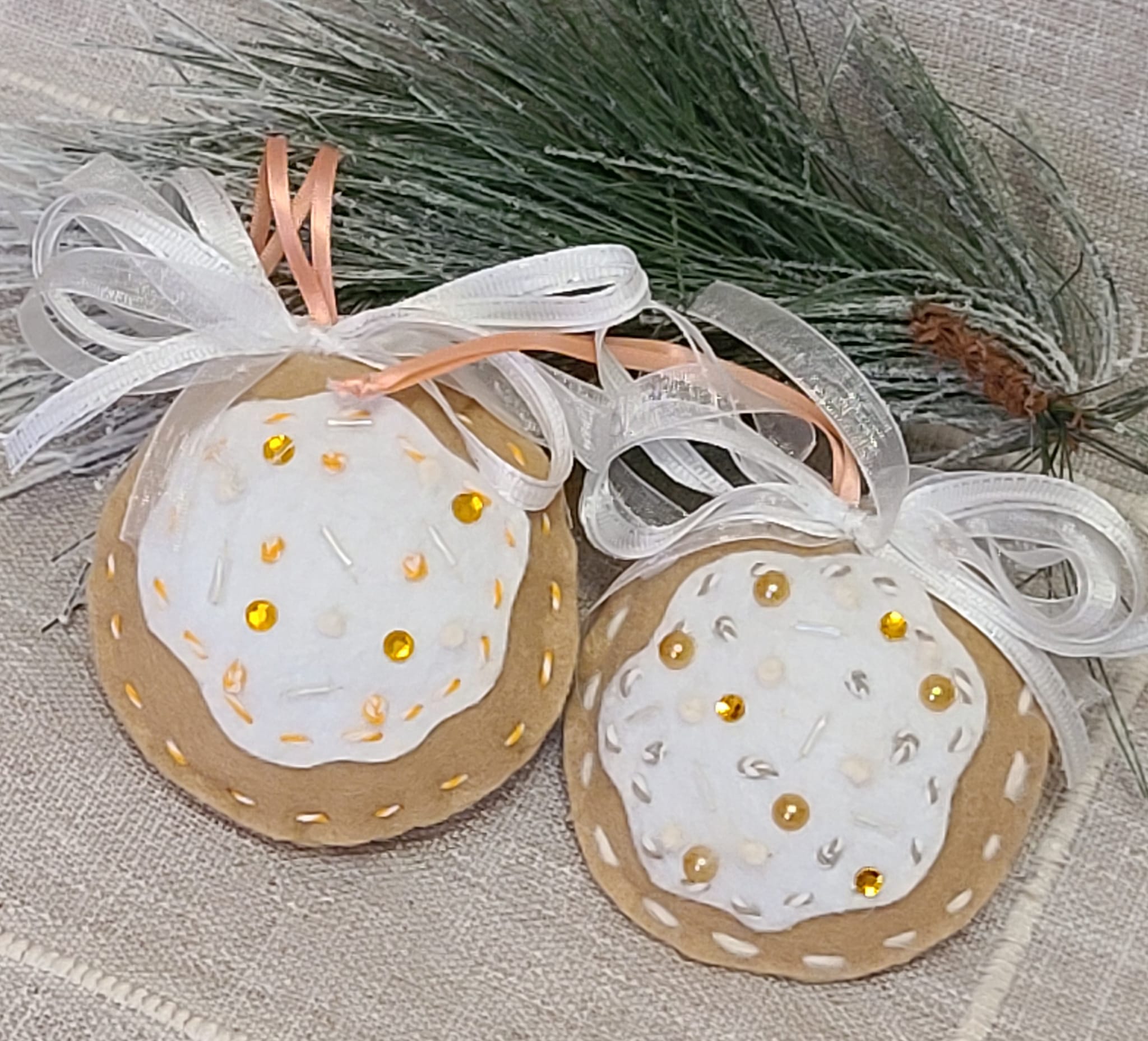 Gingerbread felt and white icing cookie ornament yellow sprinkle - Click Image to Close
