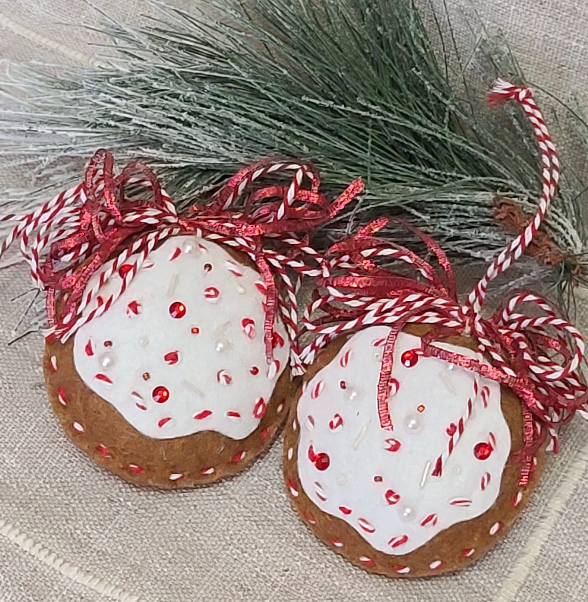 Gingerbread felt and white icing ornament candy cane beading - Click Image to Close