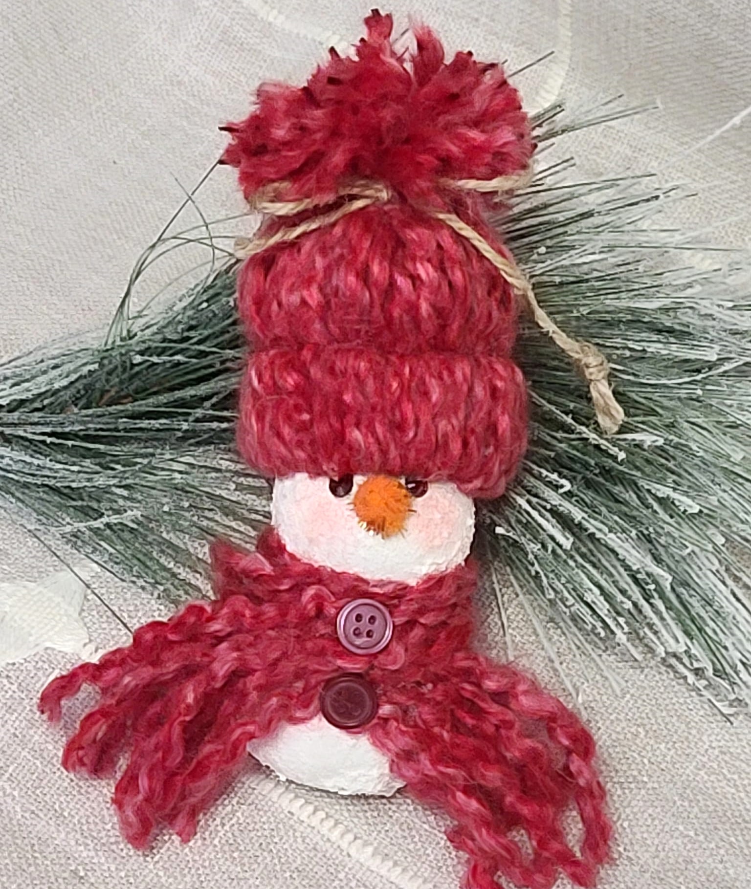 Handpainted gourd snowman ornament with knit hat -multi rose red