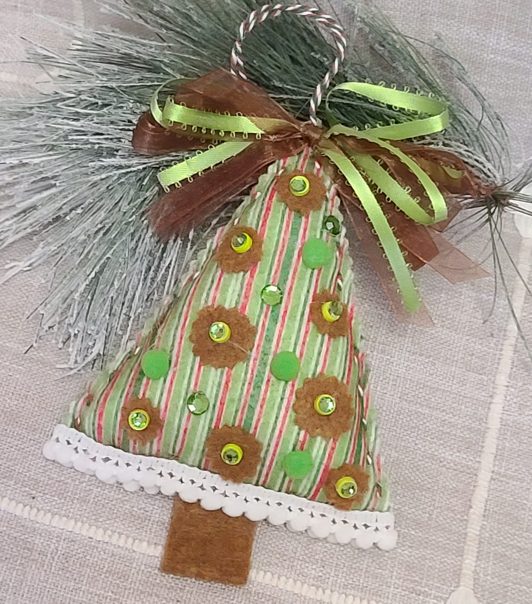 Christmas felt tree ornanament - brown and green stripe