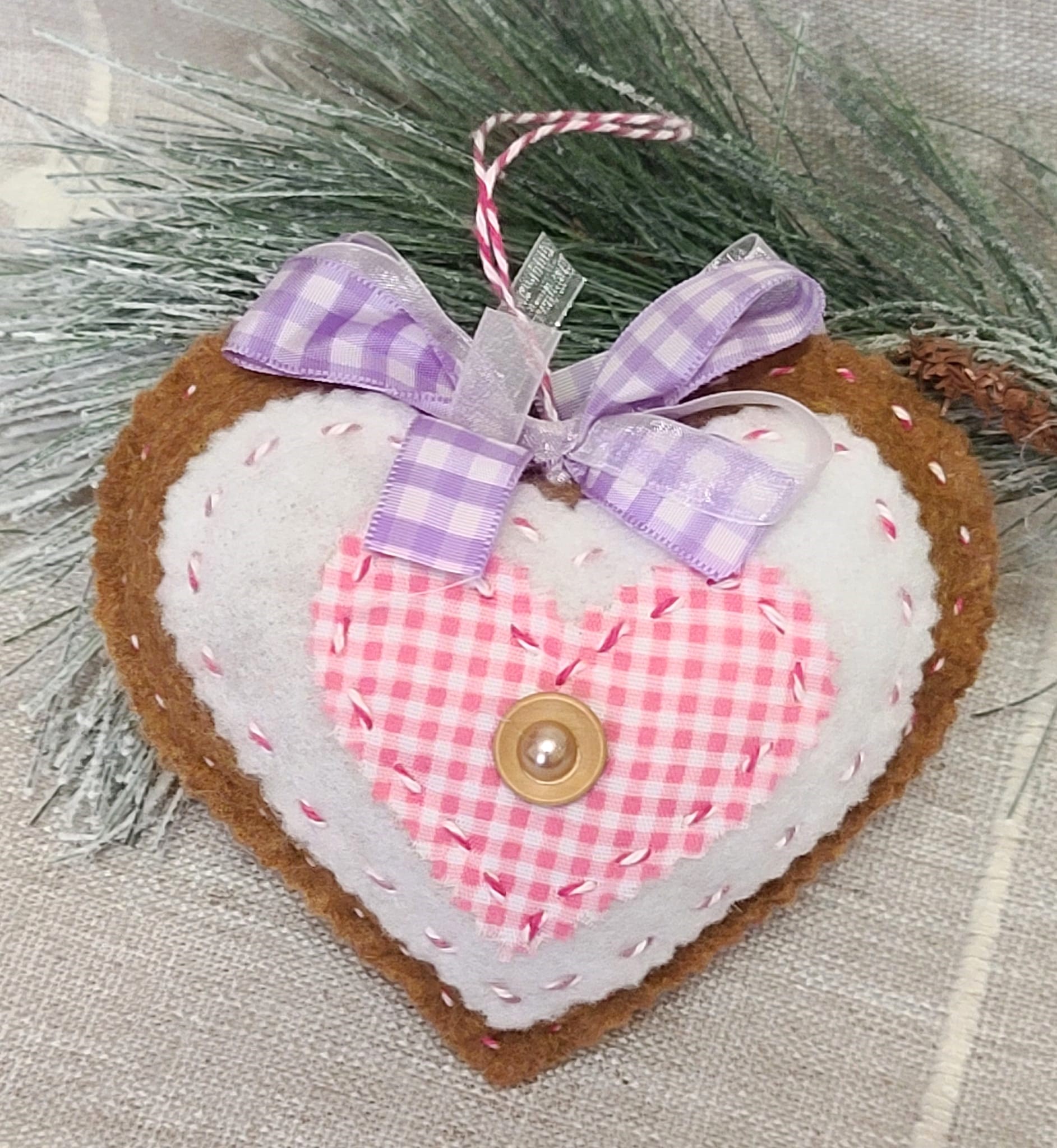 Gingerbread felt and gingham fabric heart ornament - PINK