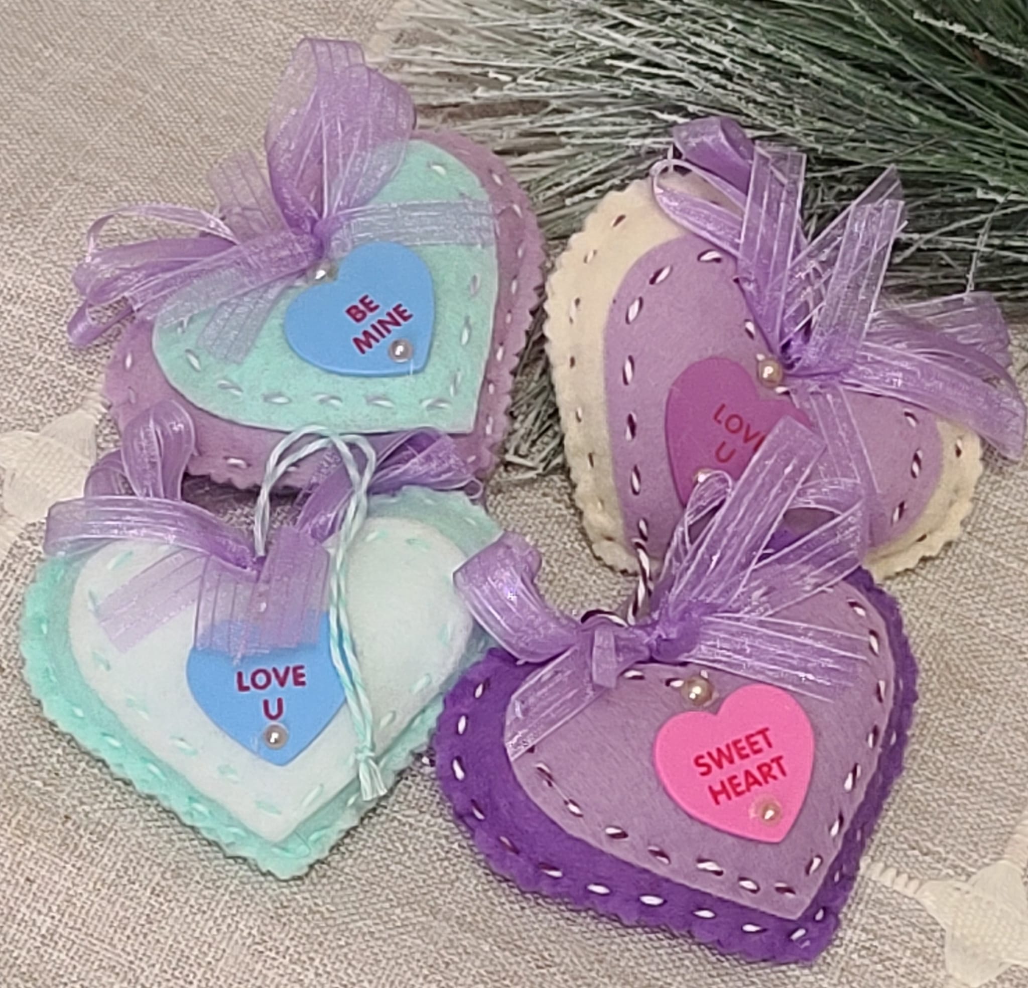 Sweet heart candy heart felt ornaments set of 4 valentine PURPLE - Click Image to Close