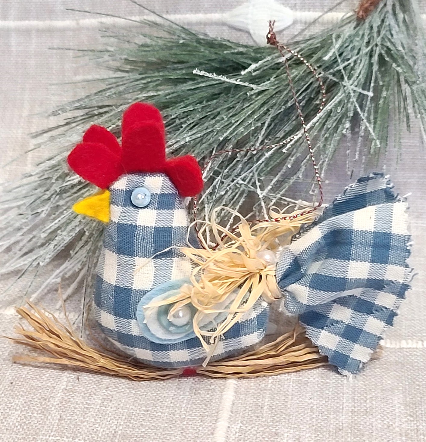 Country gingham rooster ornament on straw branch -blue and white