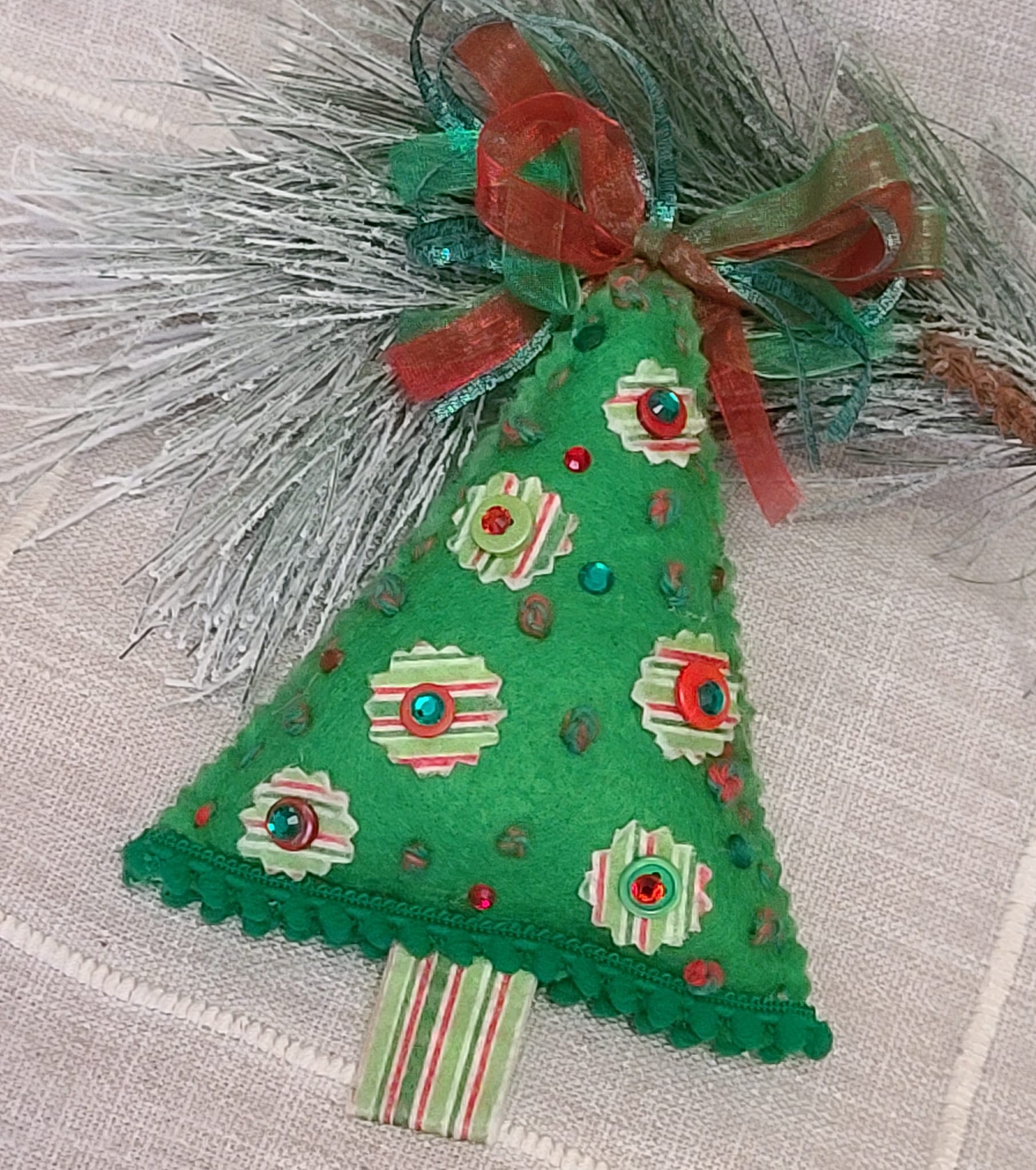 Christmas felt tree ornament - green with striped trim - Click Image to Close