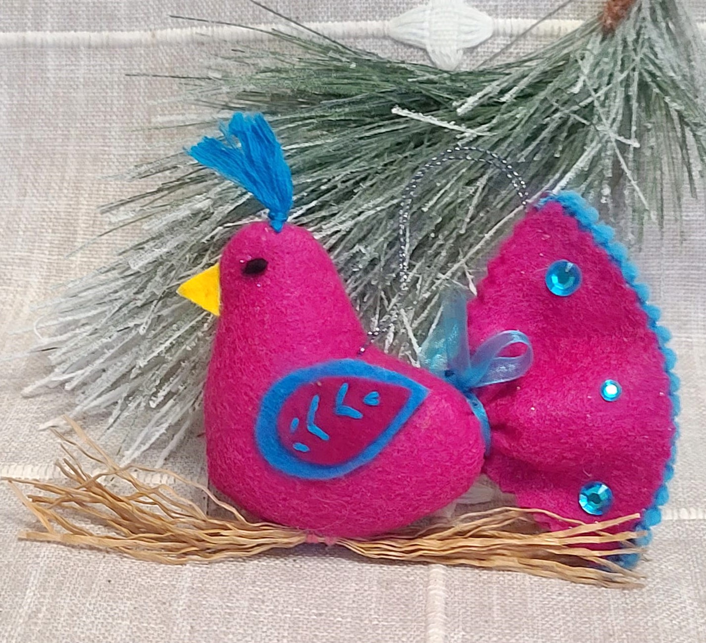 Whimsical felt bird on straw branch ornament - fushia color