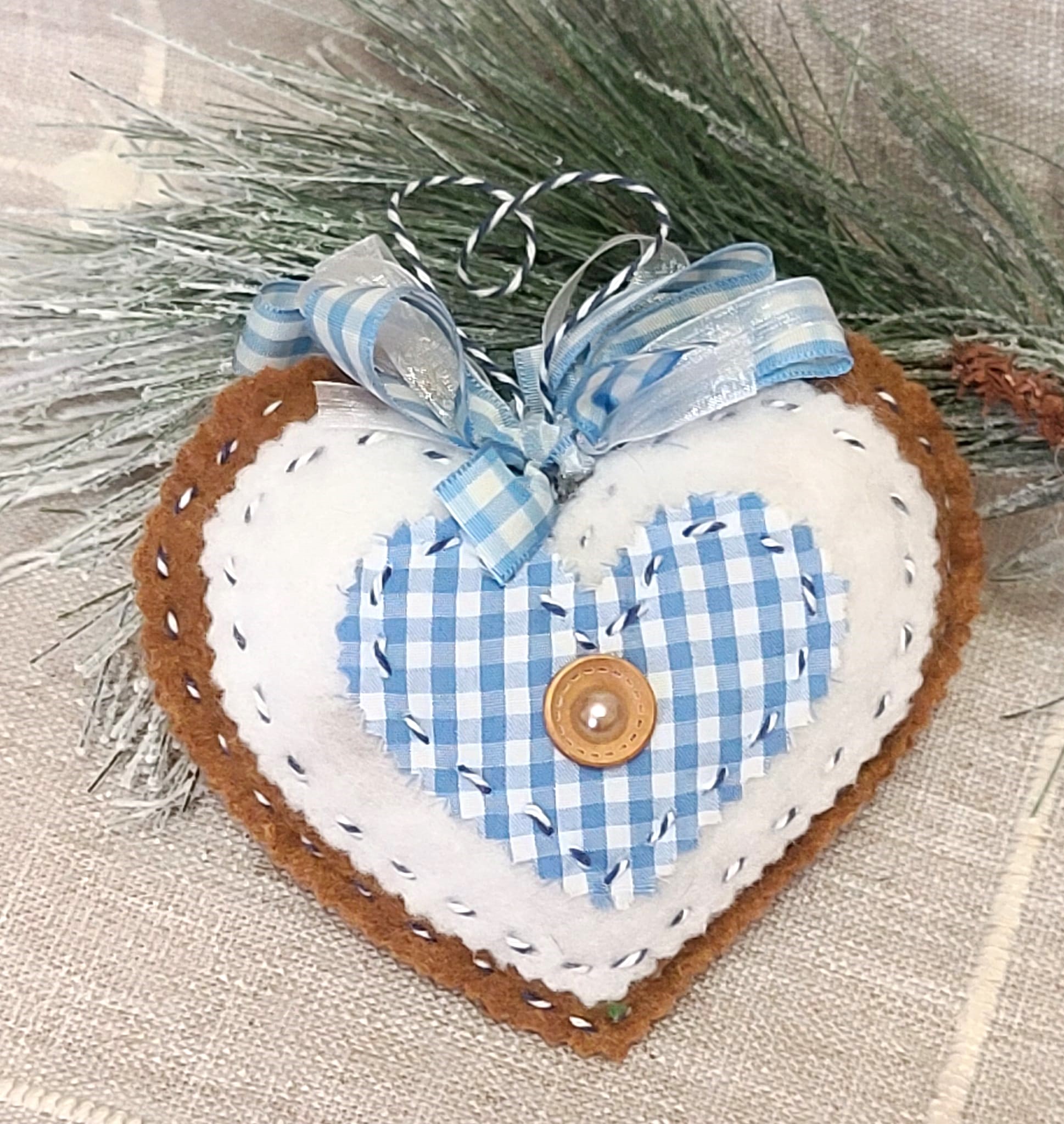 Gingerbread felt and gingham fabric heart ornament - BLUE - Click Image to Close