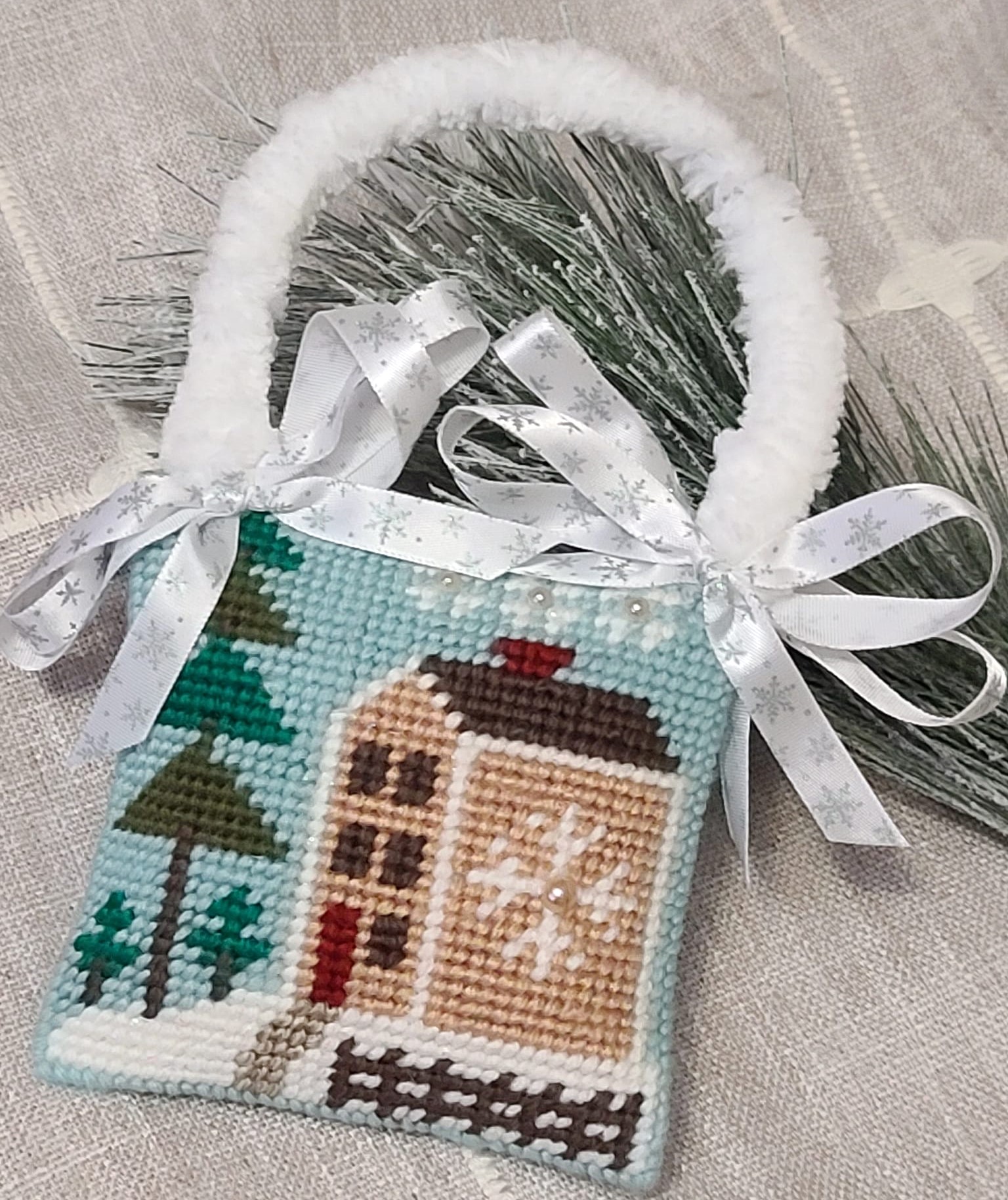 Needlepoint winter scene barn and evergreen hanger ornament - Click Image to Close