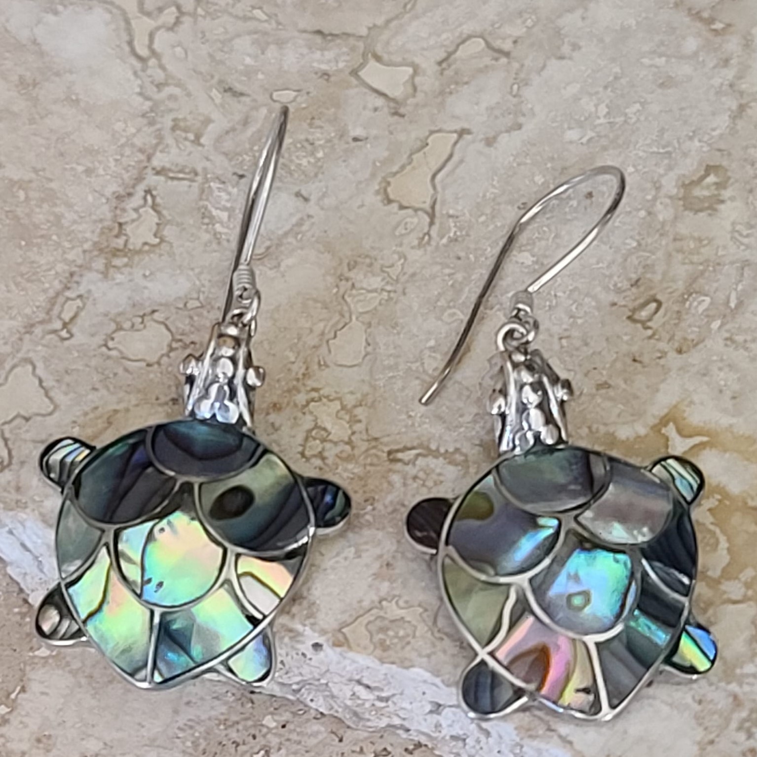 Paua Shell Inlaid 925 Sterling Silver Dangle Turtle Earrings - Click Image to Close