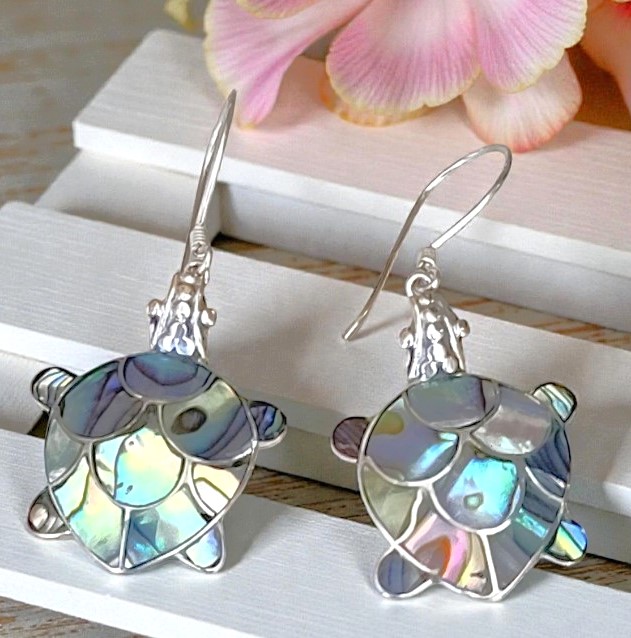 Paua Shell Inlaid 925 Sterling Silver Dangle Turtle Earrings