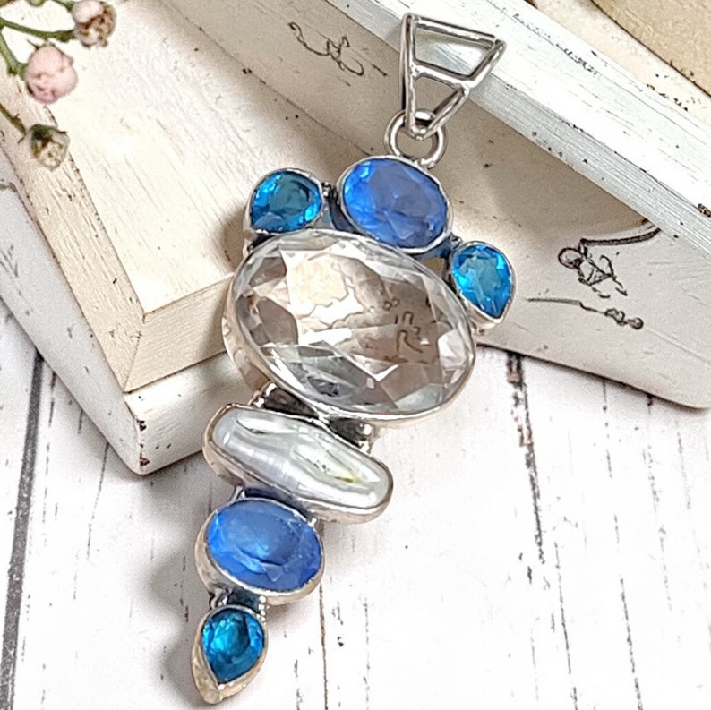 Topaz Gemstone and Pearl Pendant 925 Sterling Silver