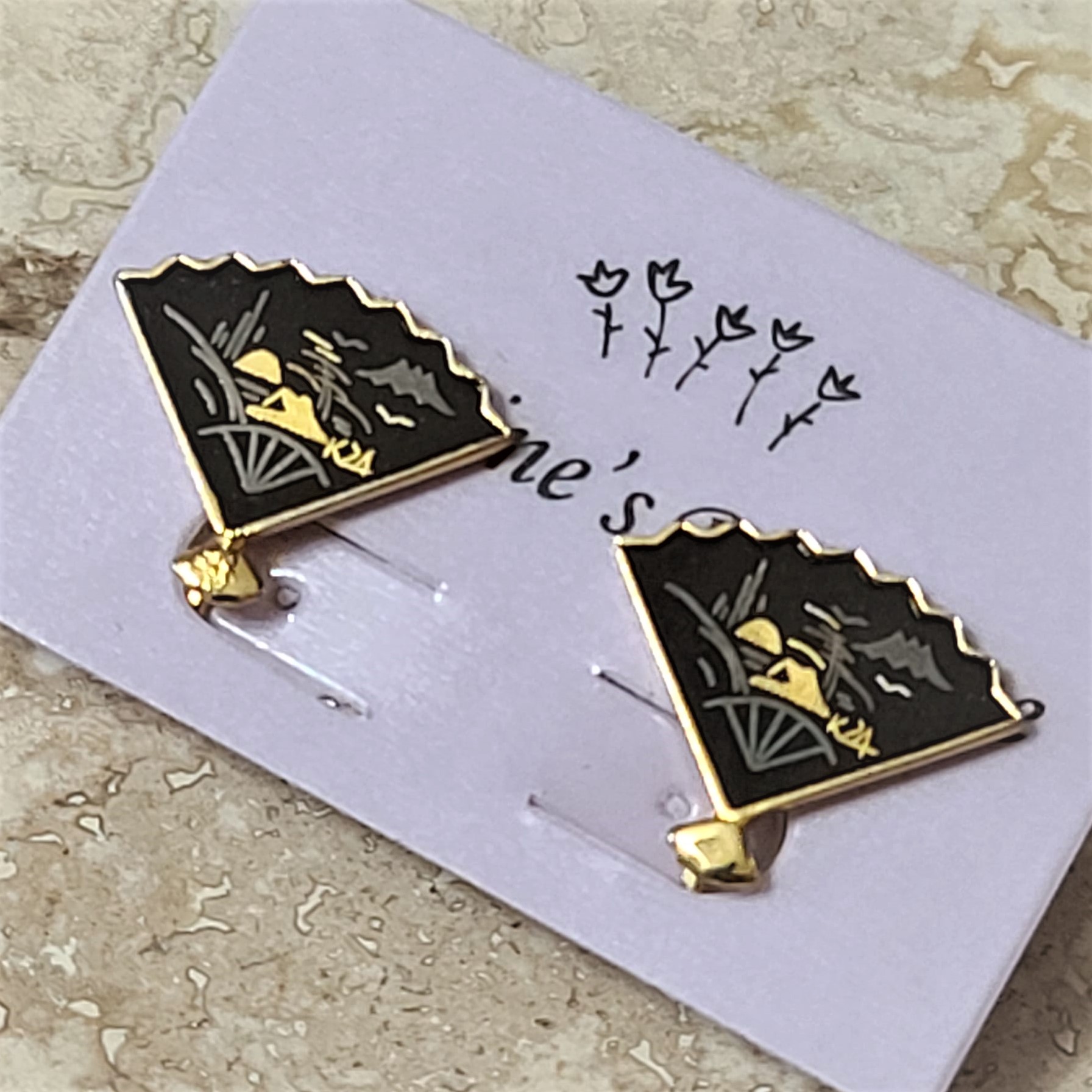 Damascene Japanese 14K Gold Inlaid Fan Screw back Earrings