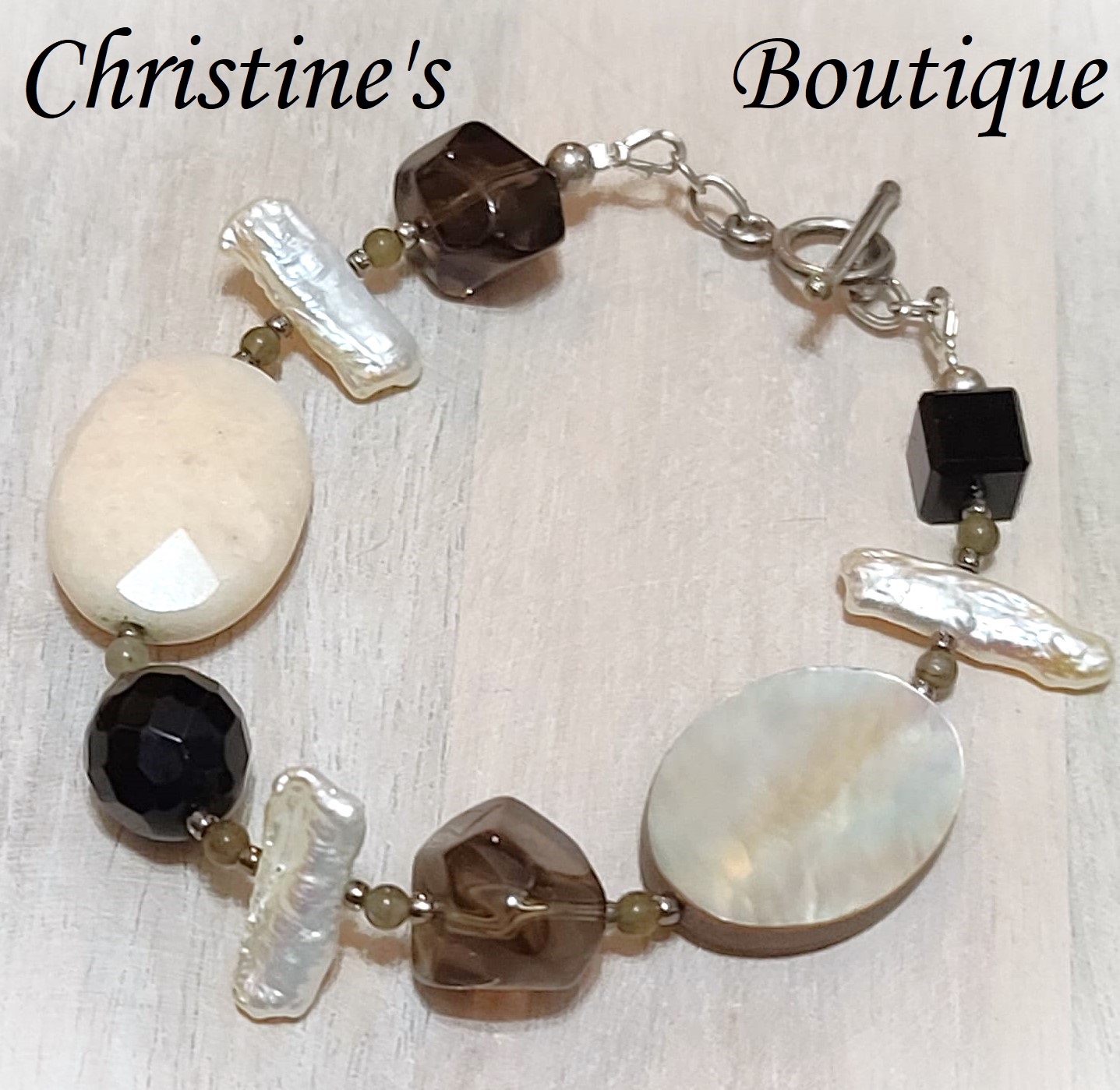 Gemstone Bracelet, Peach Quartz, Smokey Quartz, Onyx Handcrafted - Click Image to Close