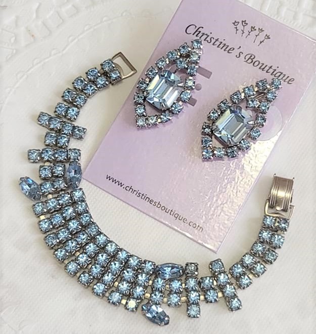Baby Blue Sparkley Rhinestone Vintage Bracelet and Earrings Set