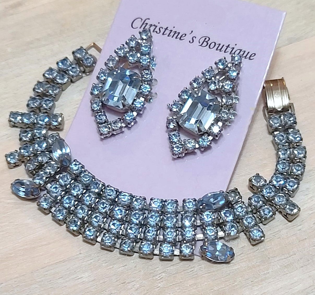 Blue rhinestone bracelet and earrings, statement bracelet, clipon earrings
