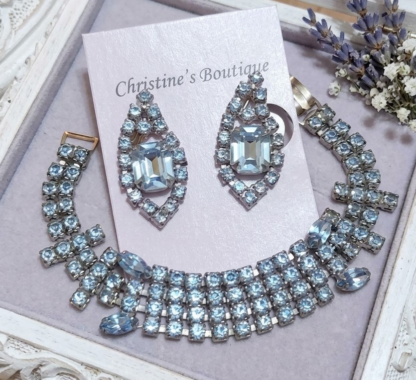 Blue rhinestone bracelet and earrings, statement bracelet, clipon earrings Blue rhinestone bracelet and earrings, statement bracelet, clipon earrings