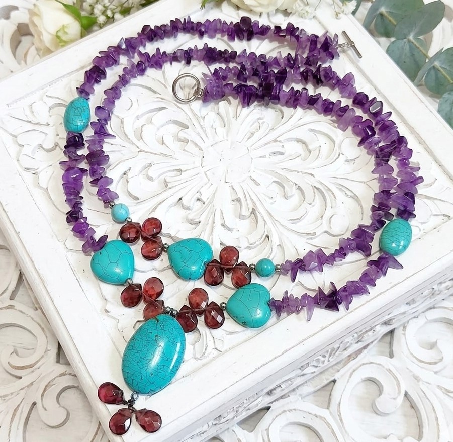 Amethyst, Turquoise and Garnet Gemstones 2 Row Necklace
