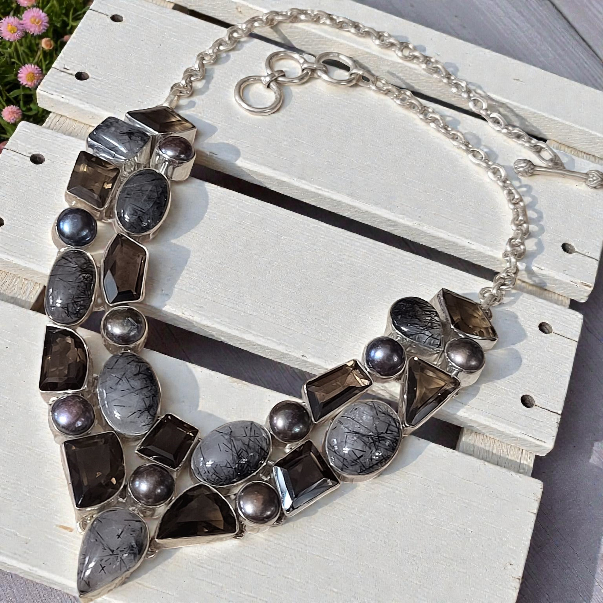 Smokey Topaz, Pearl & Quartz 925 Sterling Sil Cleopatra Necklace