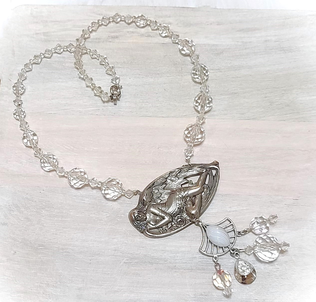 Art nouveau style drop pendant necklace with crystal beads