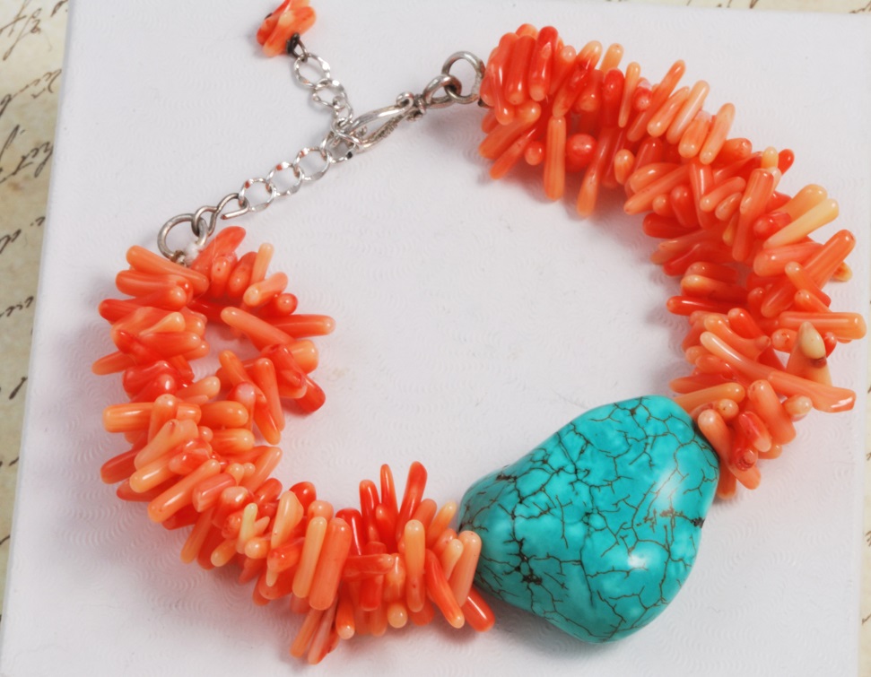 Orange Branch Coral & Nugget Turquoise Gemstone Bracelet