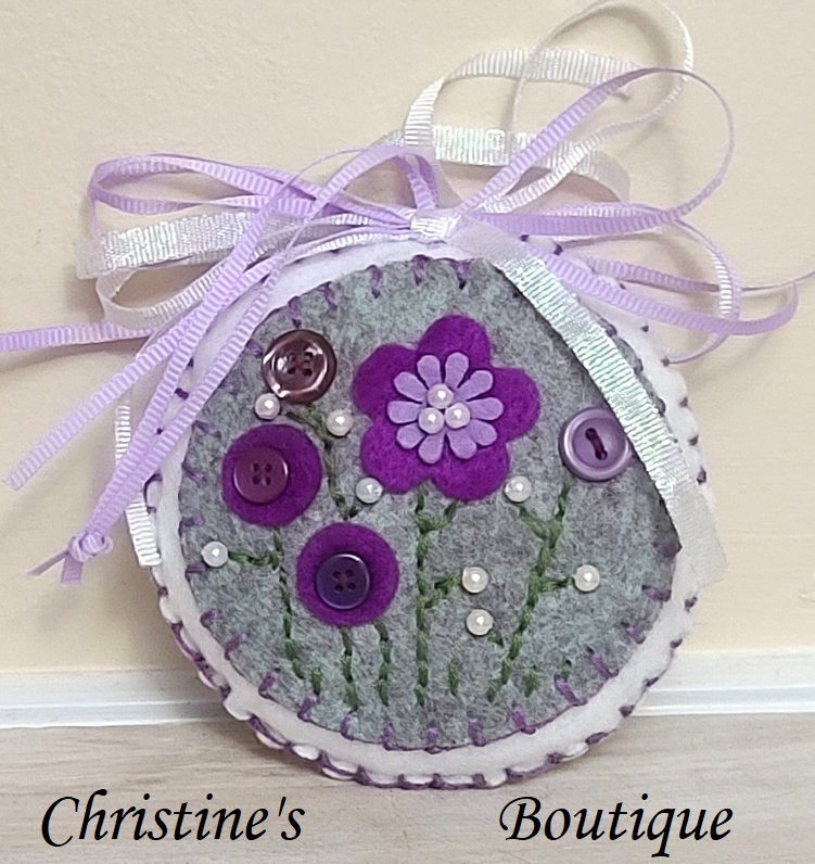 Felt embroidery round ornament with purple flowers, buttons - Click Image to Close