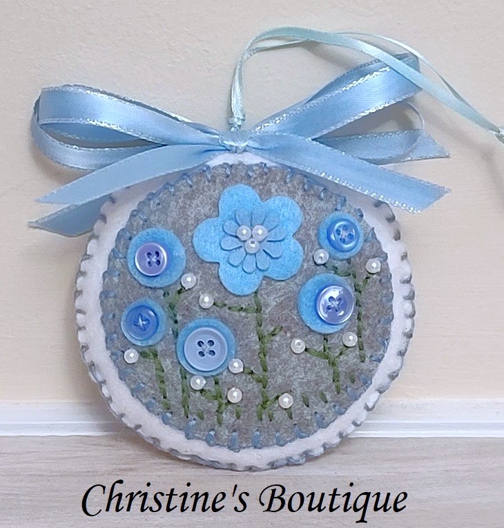 Felt embroidery round ornament w blue flowers, buttons - Click Image to Close