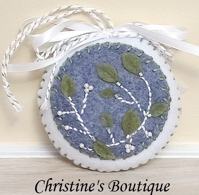 Felt embroidery and beaded winter scene ornament