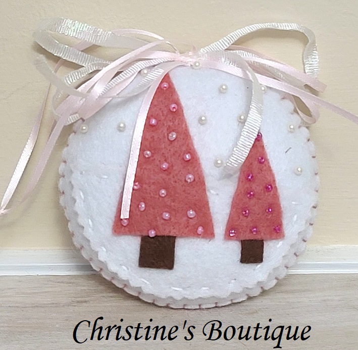 Felt and beaded evergreen trees round ornament -pink and white